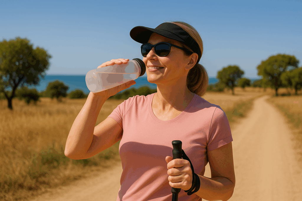 Mujer Bebe Agua Mientras Hace Marcha Nórdica 