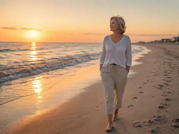 Mujer paseando por la playa al amanecer
