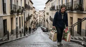 Mujer subiendo cuesta con dos bolsas de compra